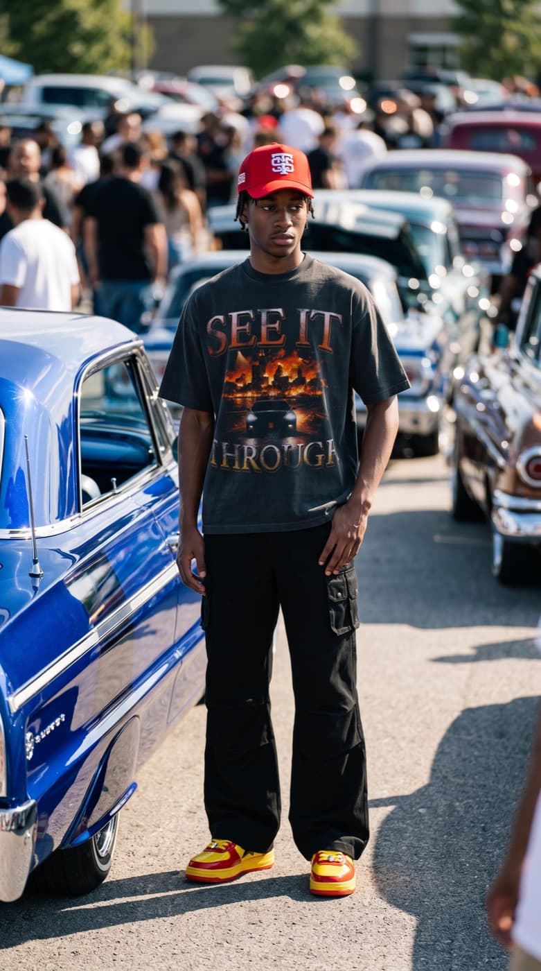 STYS See It Through tee beside a blue lowrider at a car show