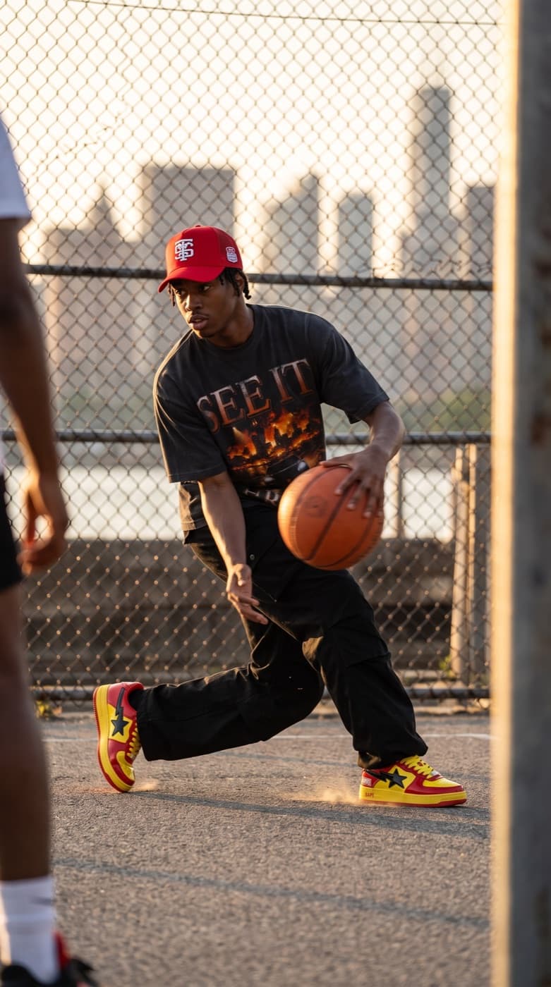 STYS See It Through tee, mid-crossover on an outdoor basketball court at golden hour