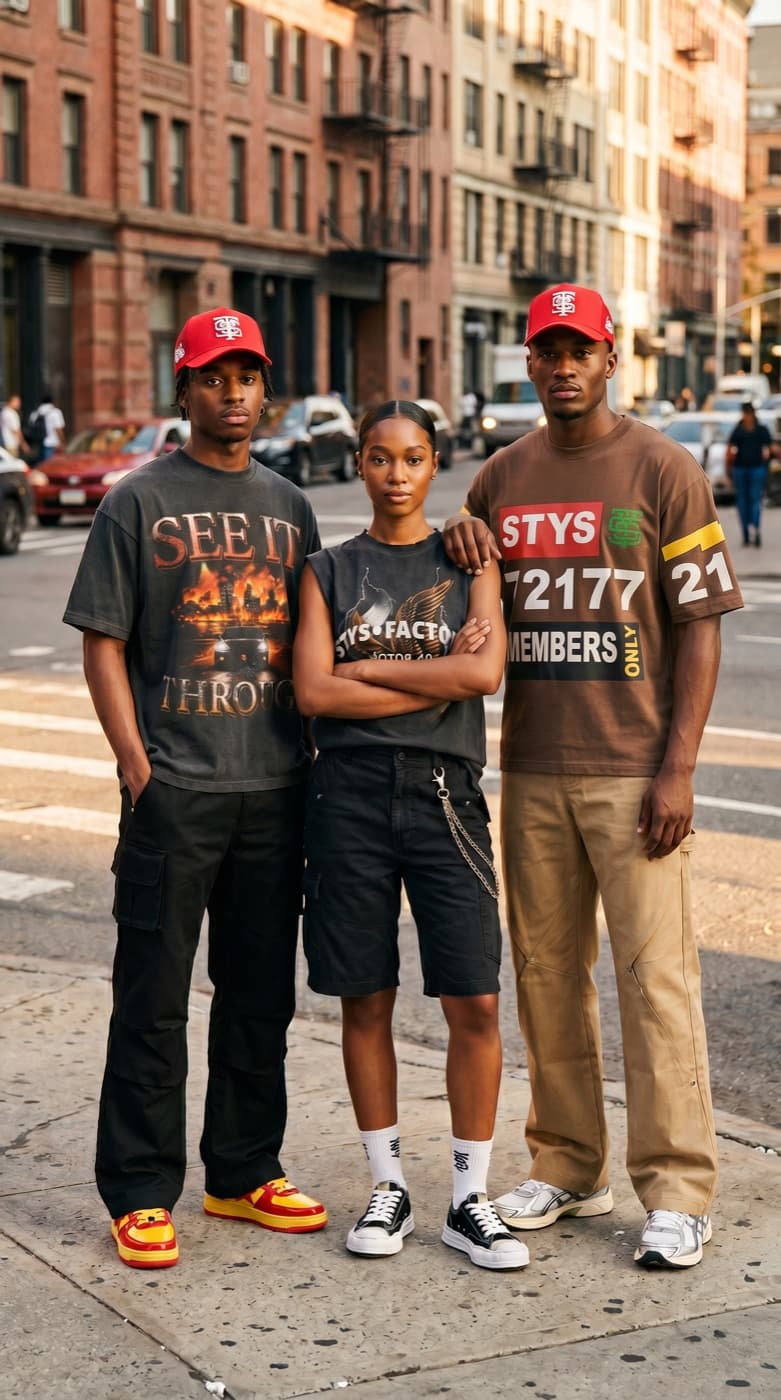 Three models in the full STYS collection on a city street at golden hour
