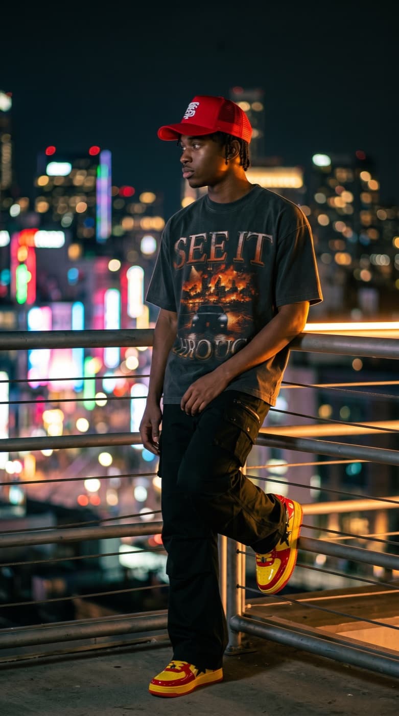 STYS See It Through tee on a rooftop above a neon city skyline at night