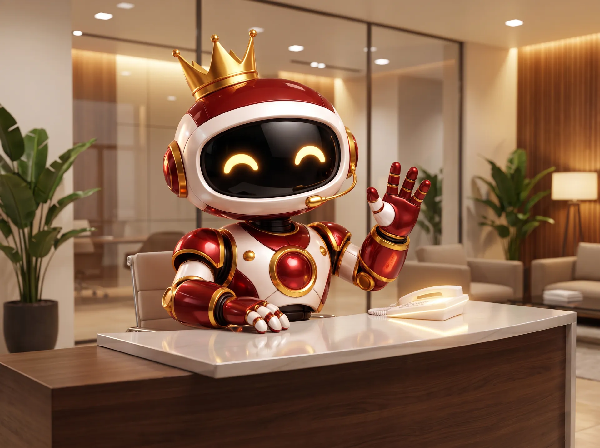The West Robot wearing a headset at a front desk