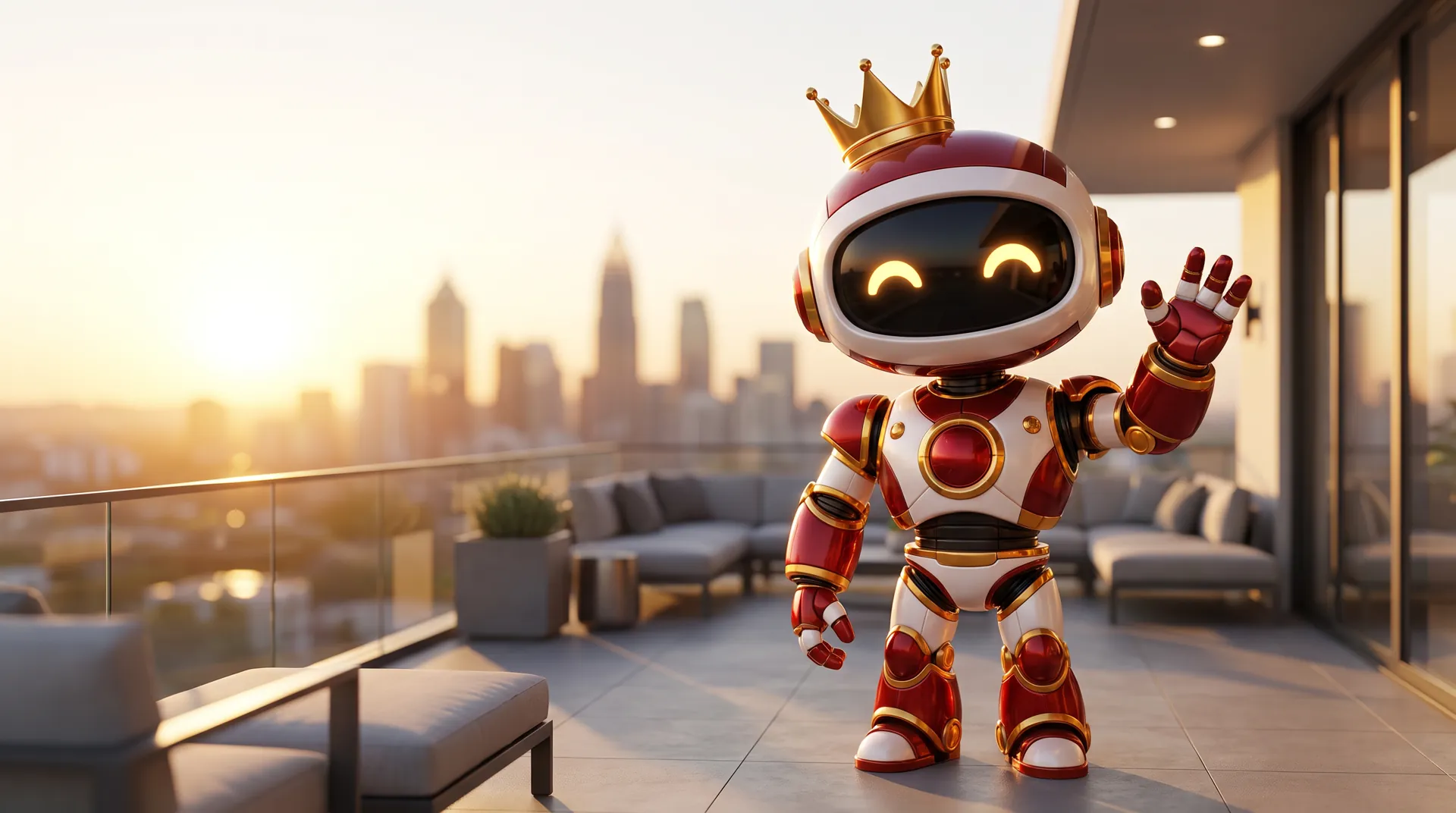 The West Robot, a small crowned robot, waving from an Atlanta rooftop at sunset
