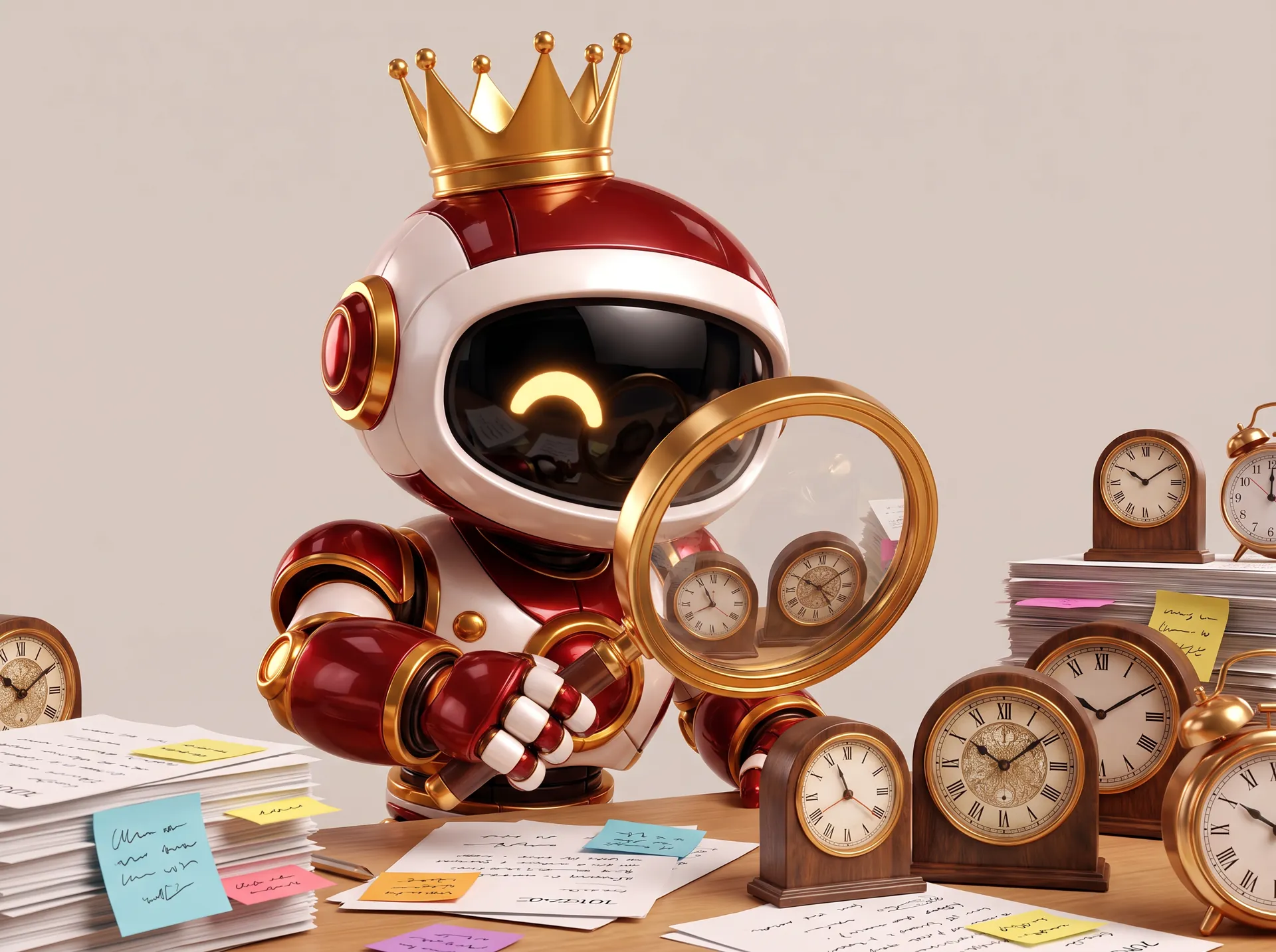 The West Robot studying a desk of clocks and paperwork through a magnifying glass