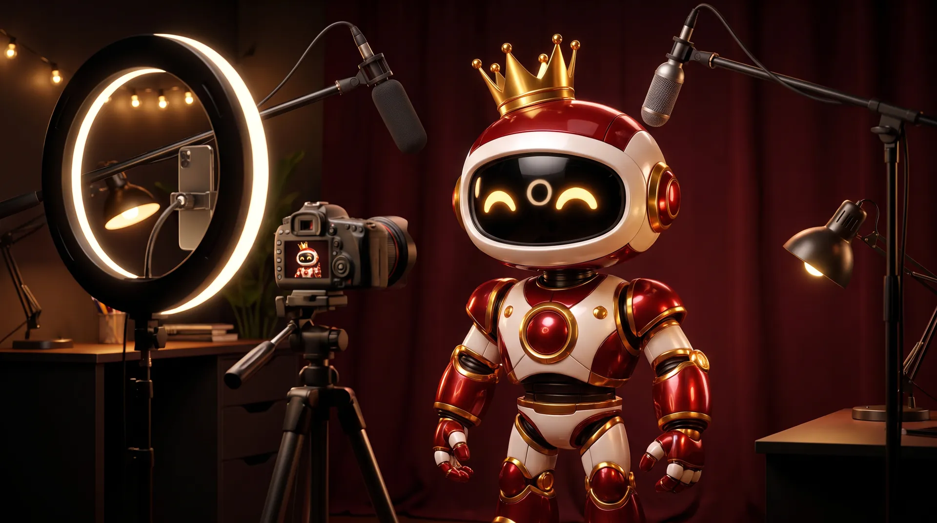 The West Robot on set in a studio, between a ring light and a camera