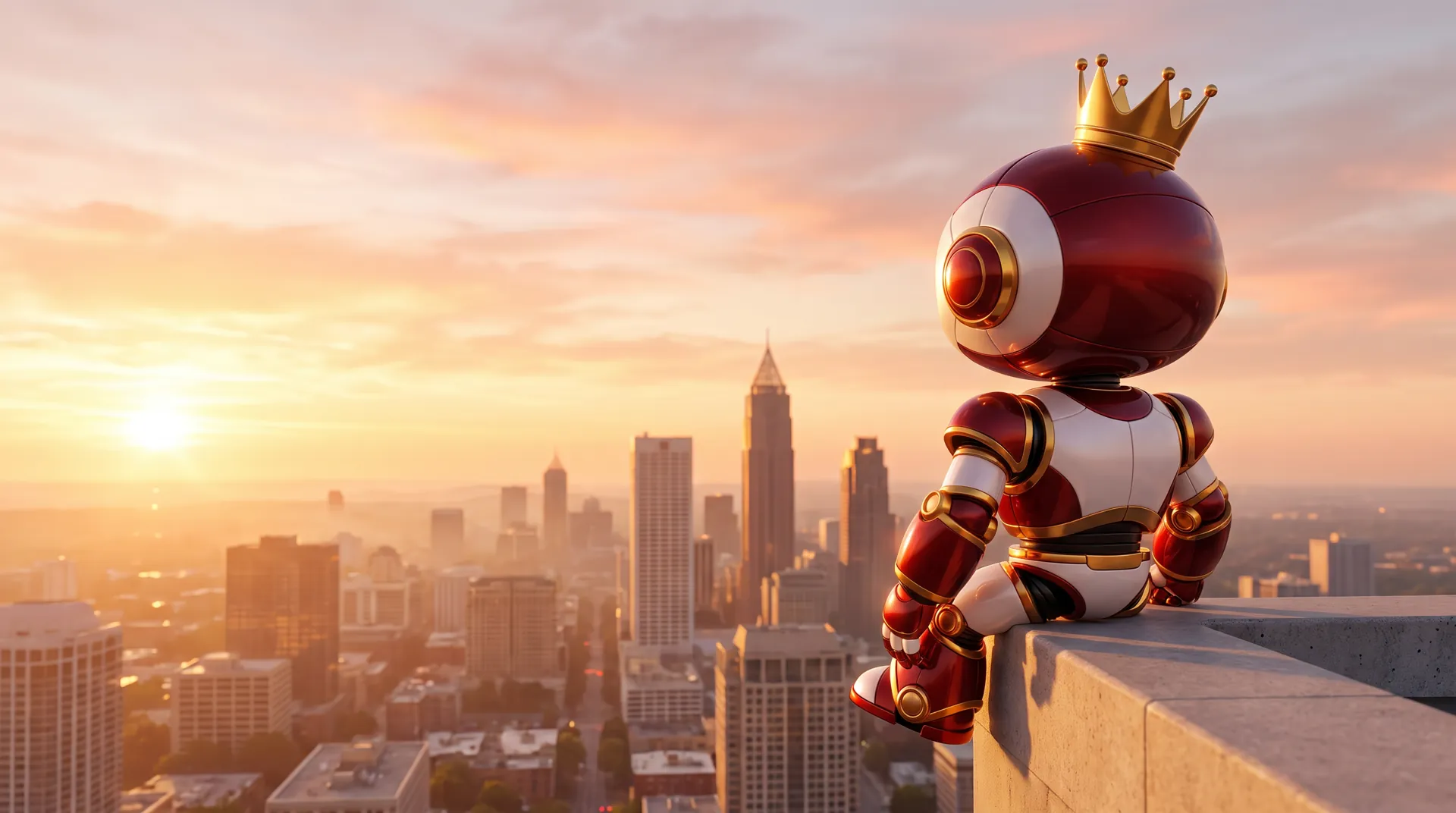 A crowned red and white robot sits on a rooftop ledge, watching the sun come up over a city skyline